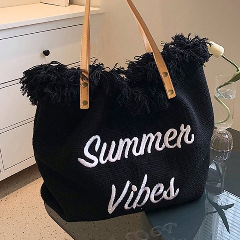 Black Casual Women's Large Capacity Fringed Canvas Tote Bag With Letter Design - Picture 3 of 3